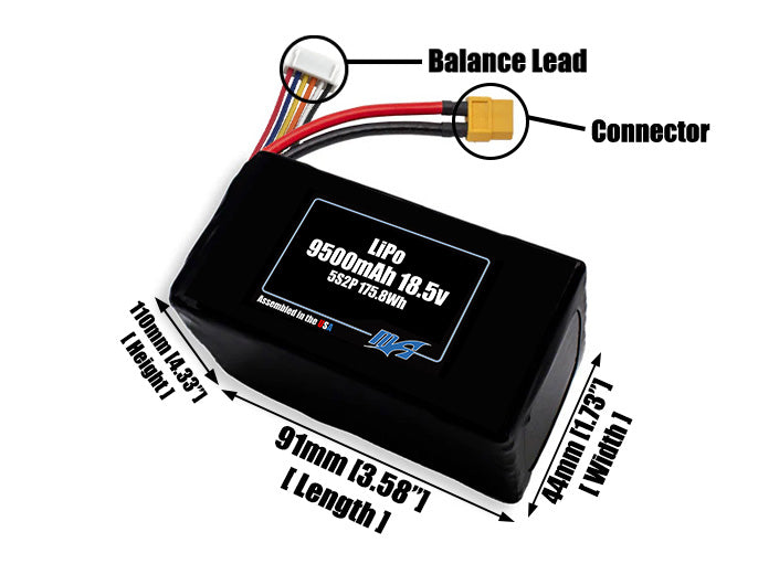 Size reference photo of the 9500mAh 18.5V LiPo pack showing 91 mm by 44 mm by 110 mm dimensions ideal for drones or large robotic systems where space matters.