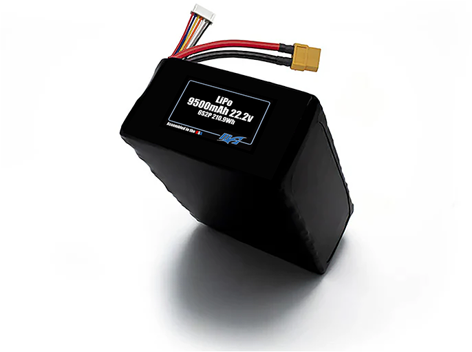 Compact 22.2-volt 9500mAh lithium-polymer battery, built for lightweight drone, UAV, and robotics projects.