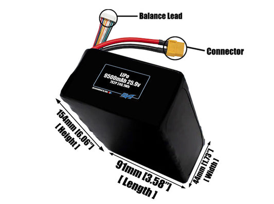 Size reference photo of the 9500mAh 25.9V LiPo pack showing 91 mm by 44 mm by 154 mm dimensions ideal for drones or large robotic systems where space matters.