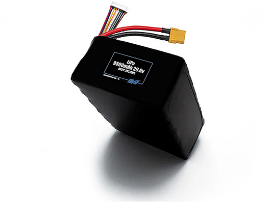 Compact 29.6-volt 9500mAh lithium-polymer battery, built for lightweight drone, UAV, and robotics projects.