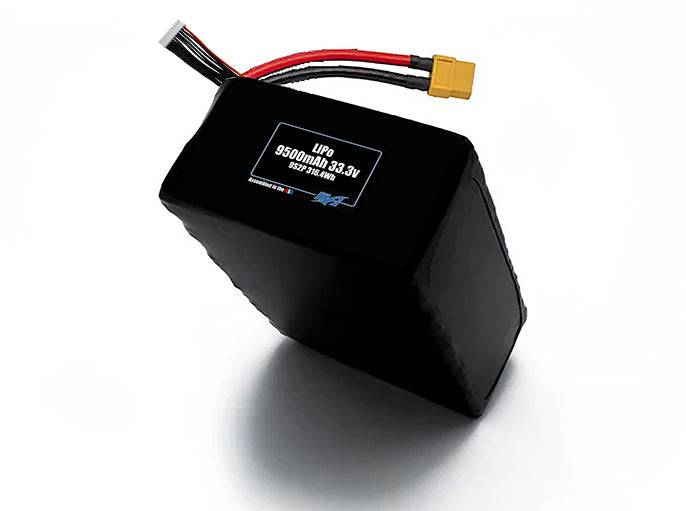 Compact 33.3-volt 9500mAh lithium-polymer battery, built for lightweight drone, UAV, and robotics projects.