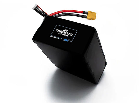 Compact 33.3-volt 9500mAh lithium-polymer battery, built for lightweight drone, UAV, and robotics projects.