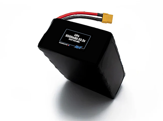 Compact 33.3-volt 9500mAh lithium-polymer battery, built for lightweight drone, UAV, and robotics projects.