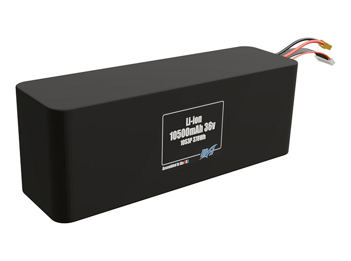 Rendered view of a slim 10500mAh Li-ion pack, used in UAV and defense-grade robotics projects.