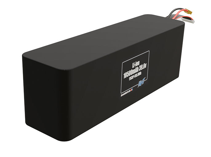 Rendered view of a slim 10500mAh Li-ion pack, used in UAV and defense-grade robotics projects.