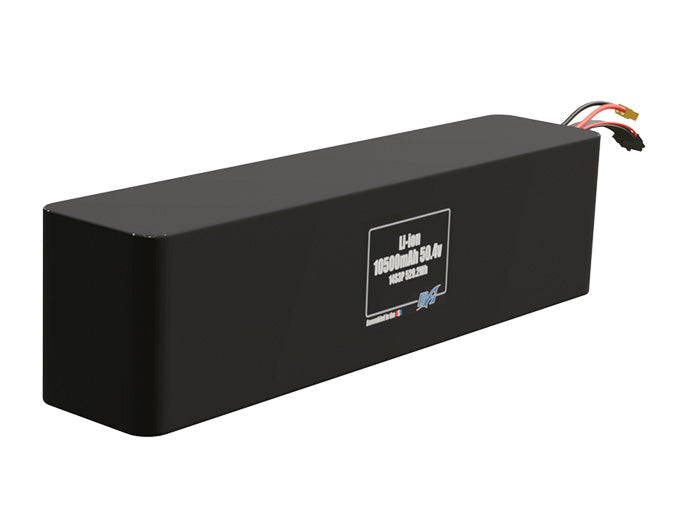 Rendered view of a slim 10500mAh Li-ion pack, used in UAV and defense-grade robotics projects.