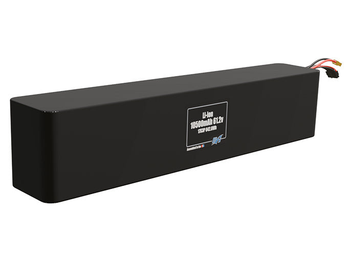 Rendered view of a slim 10500mAh Li-ion pack, used in UAV and defense-grade robotics projects.