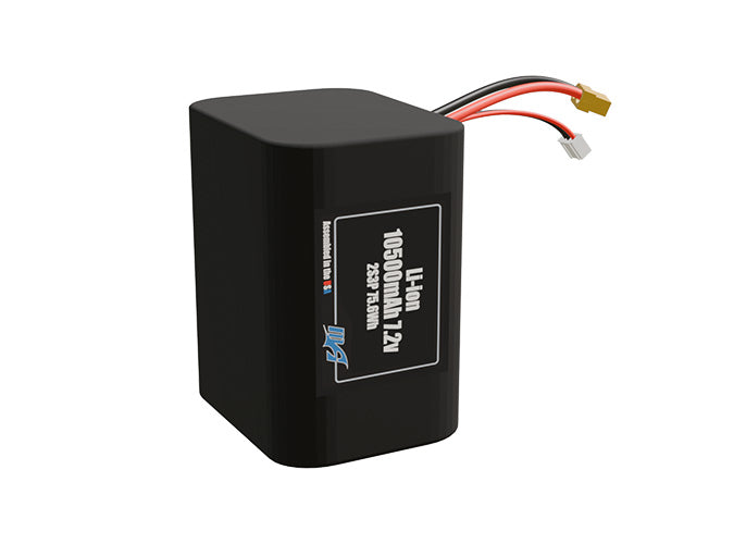 Rendered view of a slim 10500mAh Li-ion pack, used in UAV and defense-grade robotics projects.