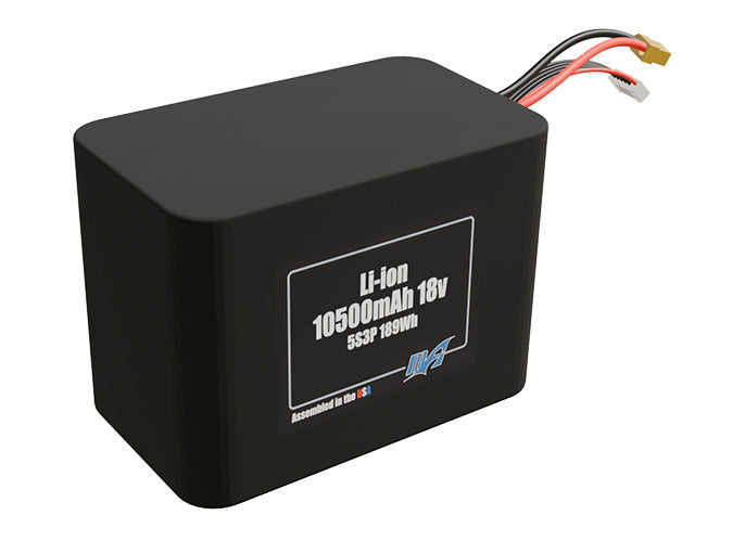 Rendered view of a slim 10500mAh Li-ion pack, used in UAV and defense-grade robotics projects.