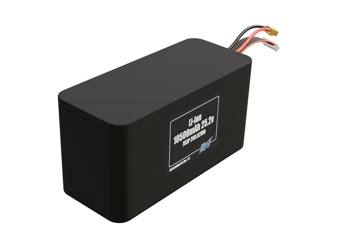 Rendered view of a slim 10500mAh Li-ion pack, used in UAV and defense-grade robotics projects.