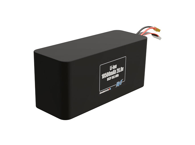 Rendered view of a slim 10500mAh Li-ion pack, used in UAV and defense-grade robotics projects.