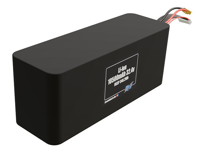 Rendered view of a slim 10500mAh Li-ion pack, used in UAV and defense-grade robotics projects.