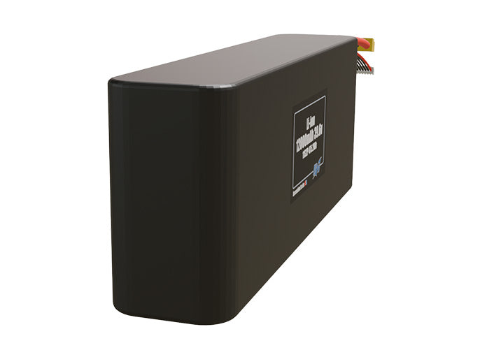 Rendered view of a slim 12000mAh Li-ion pack, used in UAV and defense-grade robotics projects.