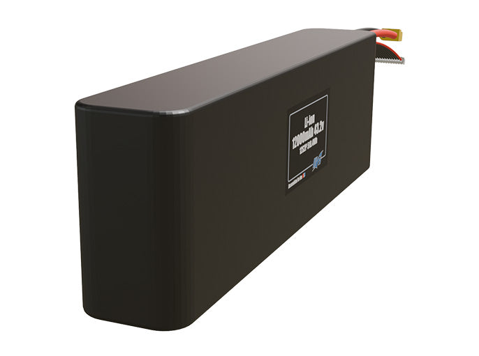 Rendered view of a slim 12000mAh Li-ion pack, used in UAV and defense-grade robotics projects.