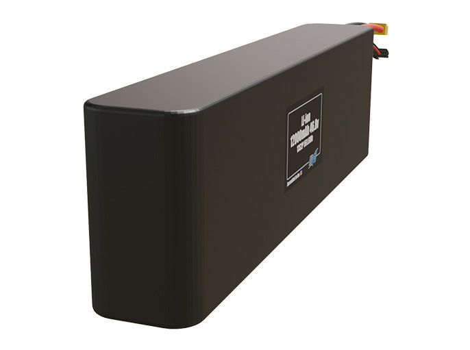 Rendered view of a slim 12000mAh Li-ion pack, used in UAV and defense-grade robotics projects.