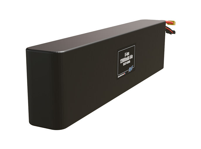 Rendered view of a slim 12000mAh Li-ion pack, used in UAV and defense-grade robotics projects.