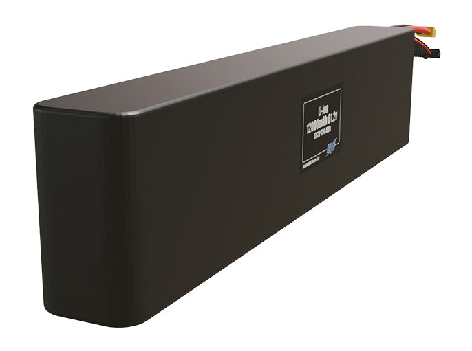 Rendered view of a slim 12000mAh Li-ion pack, used in UAV and defense-grade robotics projects.