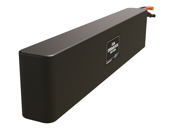 Rendered view of a slim 12000mAh Li-ion pack, used in UAV and defense-grade robotics projects.
