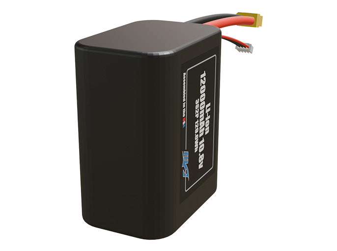 Rendered view of a slim 12000mAh Li-ion pack, used in UAV and defense-grade robotics projects.