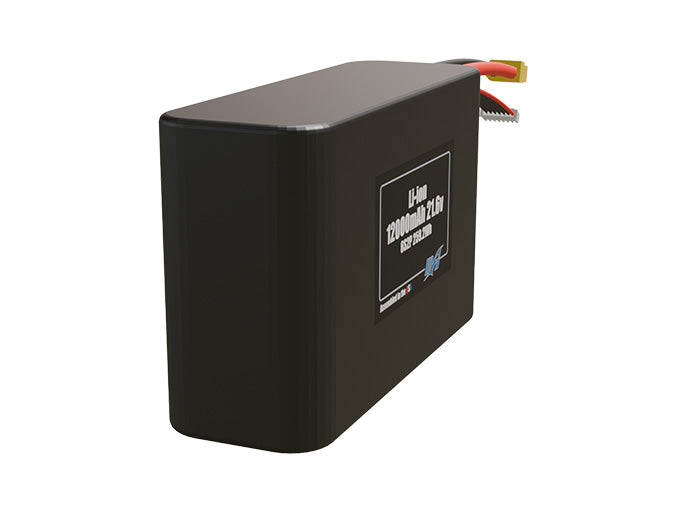 Rendered view of a slim 12000mAh Li-ion pack, used in UAV and defense-grade robotics projects.