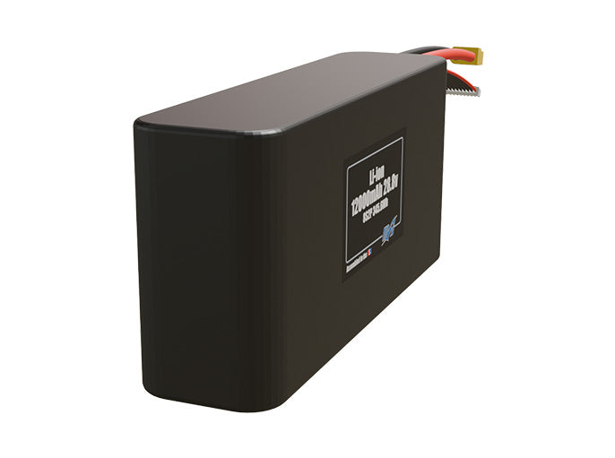 Rendered view of a slim 12000mAh Li-ion pack, used in UAV and defense-grade robotics projects.