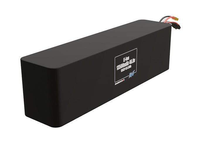 Rendered view of a slim 13500mAh Lithium-Ion pack, used in UAV and defense-grade robotics projects.