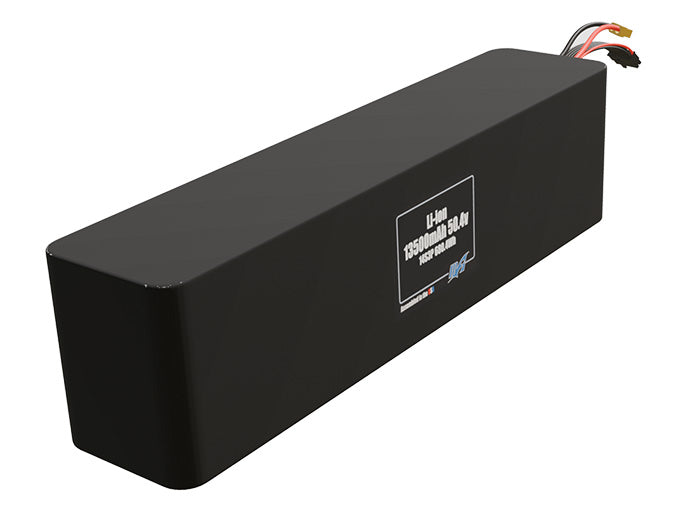 Rendered view of a slim 13500mAh Lithium-Ion pack, used in UAV and defense-grade robotics projects.