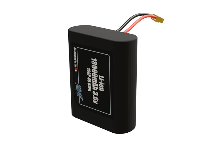 Rendered view of a slim 13500mAh Lithium-Ion pack, used in UAV and defense-grade robotics projects.