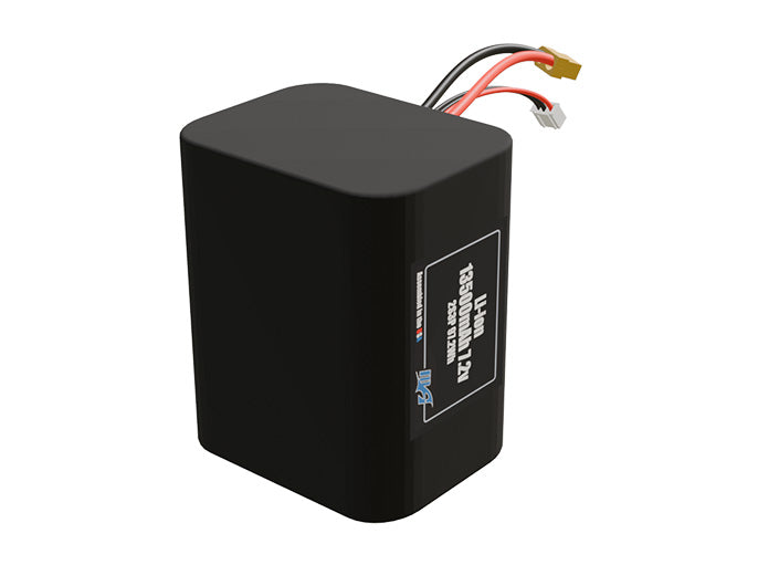 Rendered view of a slim 13500mAh Lithium-Ion pack, used in UAV and defense-grade robotics projects.