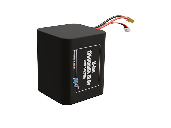 Rendered view of a slim 13500mAh Lithium-Ion pack, used in UAV and defense-grade robotics projects.