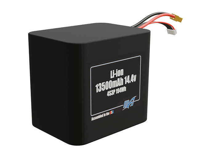 Rendered view of a slim 13500mAh Lithium-Ion pack, used in UAV and defense-grade robotics projects.