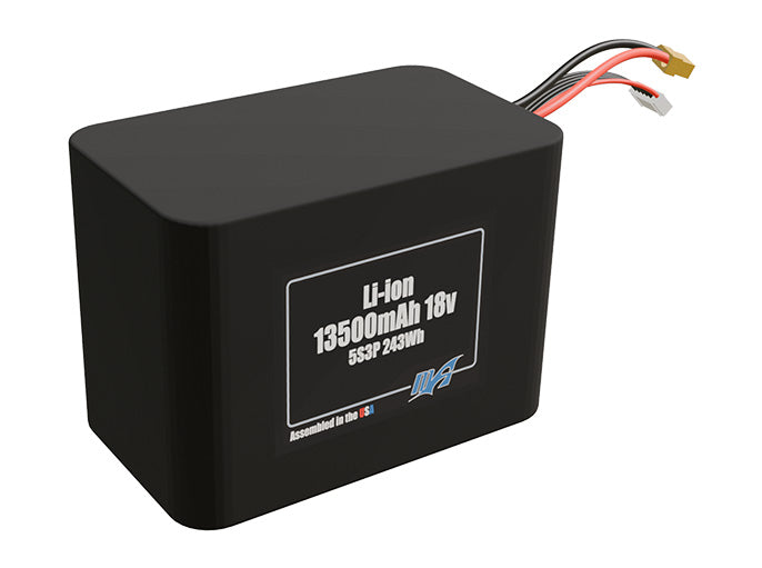 Rendered view of a slim 13500mAh Lithium-Ion pack, used in UAV and defense-grade robotics projects.
