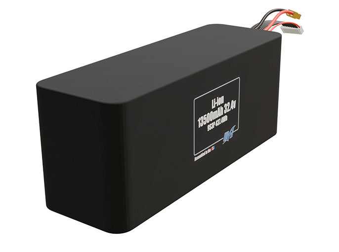 Rendered view of a slim 13500mAh Lithium-Ion pack, used in UAV and defense-grade robotics projects.
