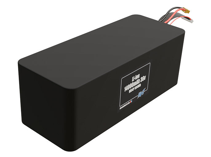 Rendered view of a slim 14000mAh Lithium-Ion pack, used in UAV and defense-grade robotics projects.