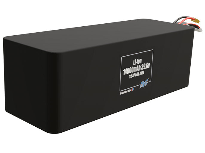 Rendered view of a slim 14000mAh Lithium-Ion pack, used in UAV and defense-grade robotics projects.