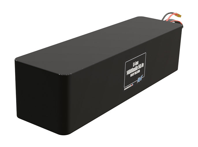 Rendered view of a slim 14000mAh Lithium-Ion pack, used in UAV and defense-grade robotics projects.