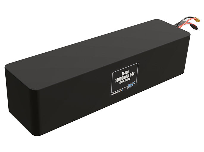 Rendered view of a slim 14000mAh Lithium-Ion pack, used in UAV and defense-grade robotics projects.