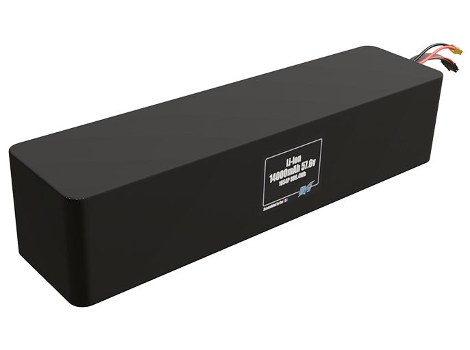 Rendered view of a slim 14000mAh Lithium-Ion pack, used in UAV and defense-grade robotics projects.