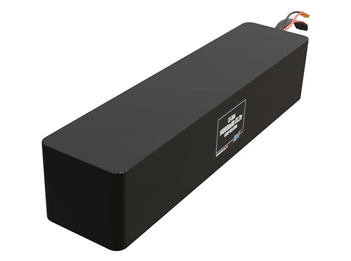 Rendered view of a slim 14000mAh Lithium-Ion pack, used in UAV and defense-grade robotics projects.