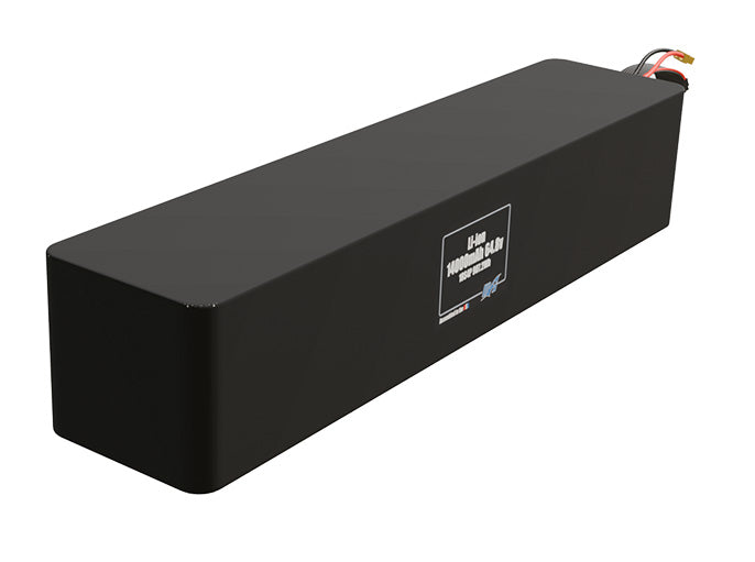 Rendered view of a slim 14000mAh Lithium-Ion pack, used in UAV and defense-grade robotics projects.