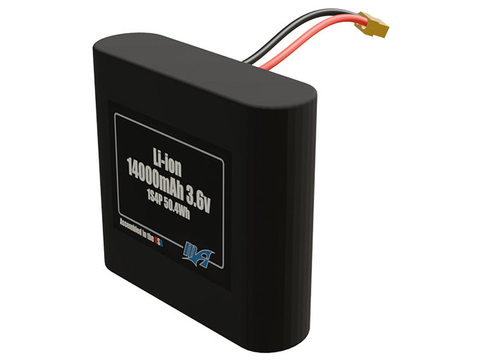 Rendered view of a slim 14000mAh Lithium-Ion pack, used in UAV and defense-grade robotics projects.