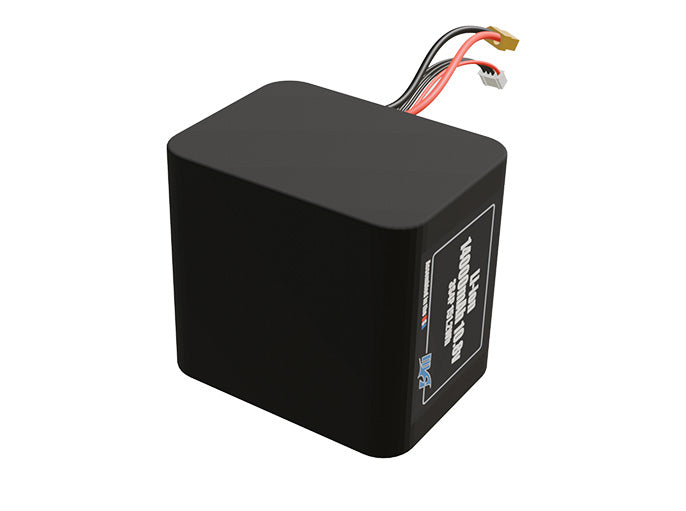 Rendered view of a slim 14000mAh Lithium-Ion pack, used in UAV and defense-grade robotics projects.