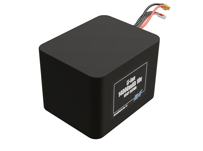 Rendered view of a slim 14000mAh Lithium-Ion pack, used in UAV and defense-grade robotics projects.