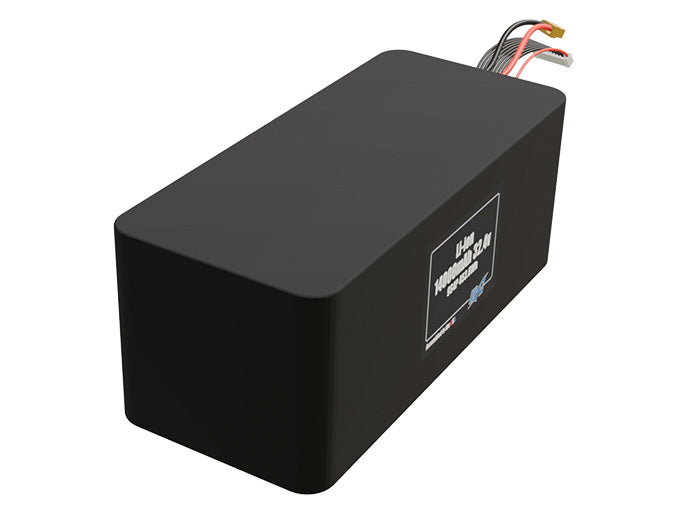 Rendered view of a slim 14000mAh Lithium-Ion pack, used in UAV and defense-grade robotics projects.