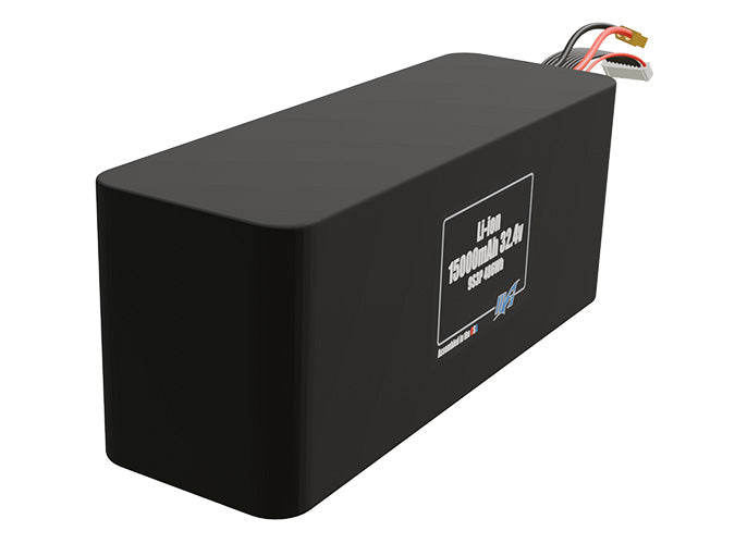 Rendered view of a slim 15000mAh Lithium-Ion pack, used in UAV and defense-grade robotics projects.