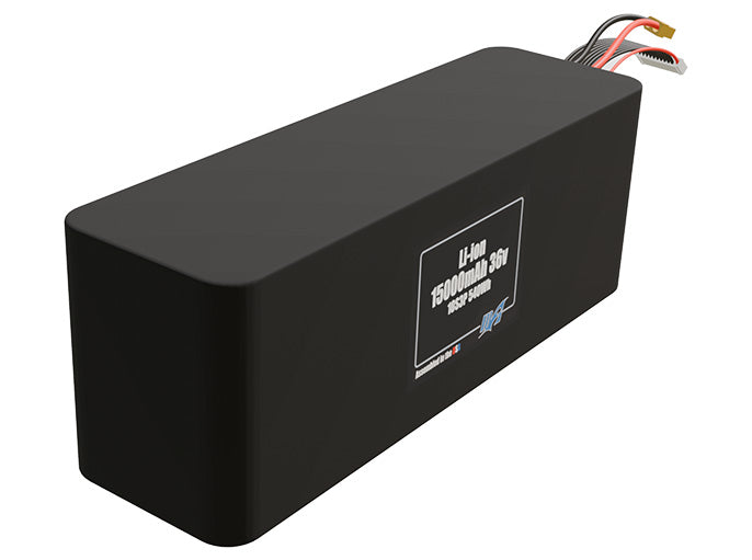 Rendered view of a slim 15000mAh Lithium-Ion pack, used in UAV and defense-grade robotics projects.