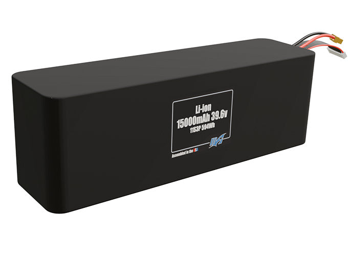Rendered view of a slim 15000mAh Lithium-Ion pack, used in UAV and defense-grade robotics projects.