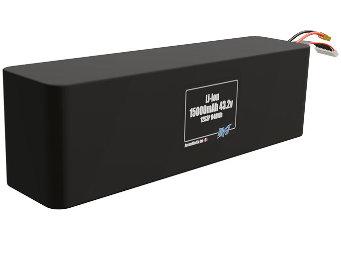 Rendered view of a slim 15000mAh Lithium-Ion pack, used in UAV and defense-grade robotics projects.