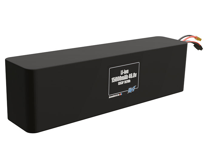 Rendered view of a slim 15000mAh Lithium-Ion pack, used in UAV and defense-grade robotics projects.