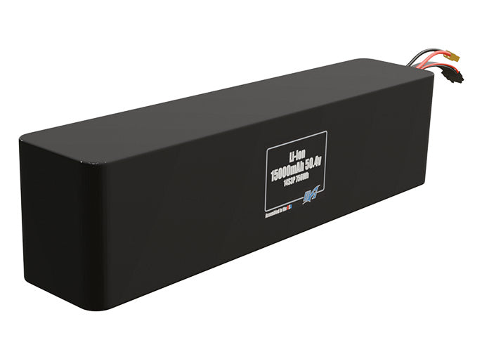 Rendered view of a slim 15000mAh Lithium-Ion pack, used in UAV and defense-grade robotics projects.